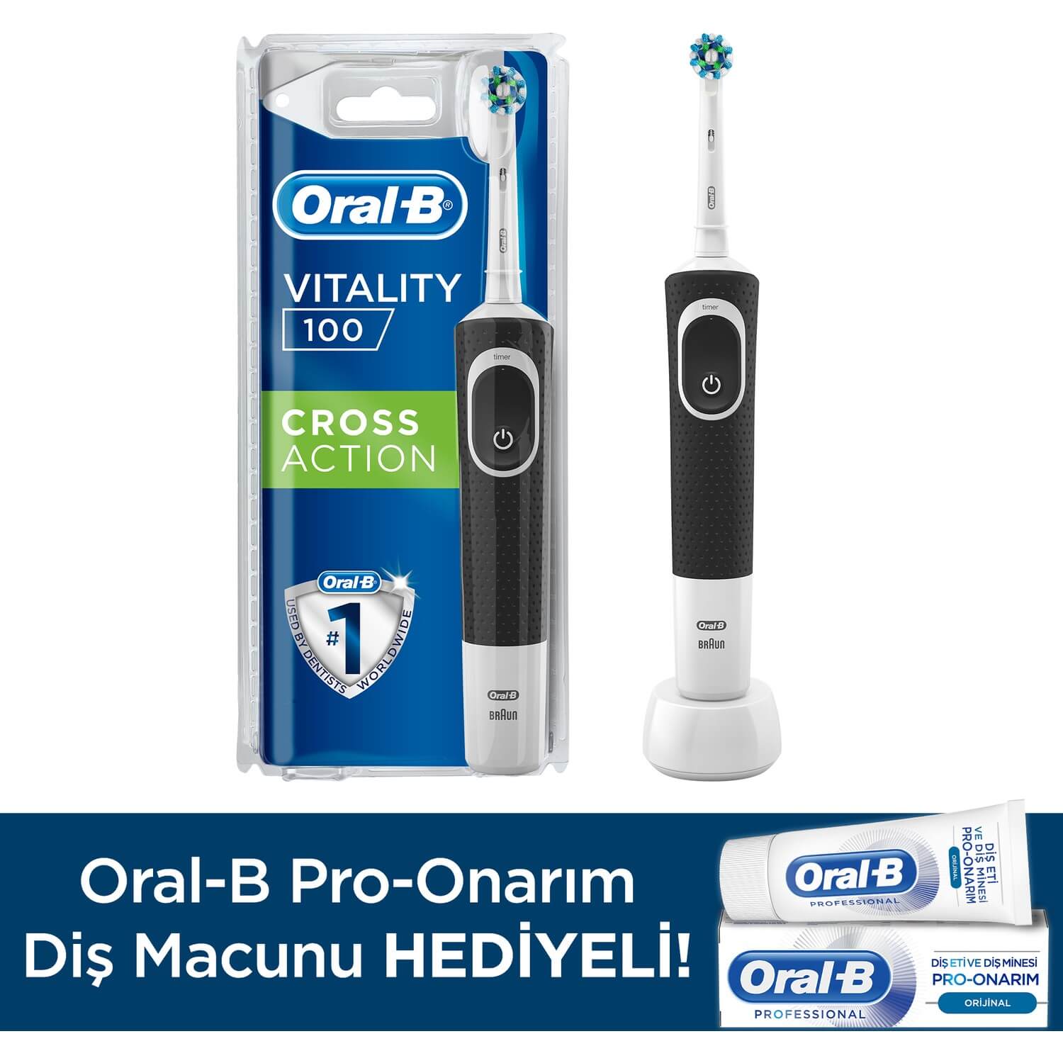 Oral-B D100 Şarjlı Diş Fırçası Cross Action Siyah + Pro Onarım Diş Macunu 50 ml